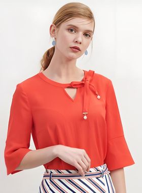 P家商场同款 夏新款淑女风纯色圆领套头七分袖衬衫PRBA86308M