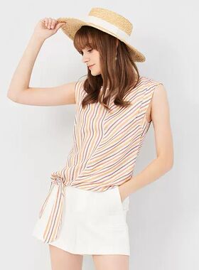 P家正品折扣夏时尚蝴蝶结性感条纹拼接无袖圆领衬衫女PRBA82554M