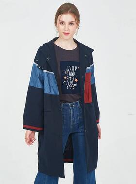 R家英伦风撞色复古条纹长款风衣简约长款时尚外套女RCJT83805Q