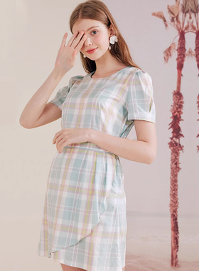 紫色格子夏季连衣裙复古法式温柔甜美撞色格子连衣裙子EEOW925H1B