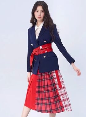 R家线下同款 春夏时尚红色格纹拼接半身裙淑女中长款RCWH91C02M