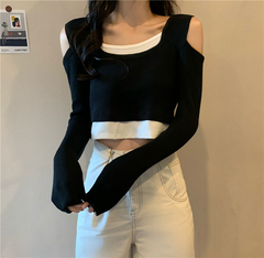 Real shot real price Korean version careful machine versatile short fake two off shoulder knitted bottoming shirt