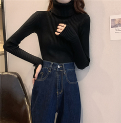 實拍實價加厚寬條紋高領毛衣打底衫上衣堆堆領韓版秋冬長袖針織衫