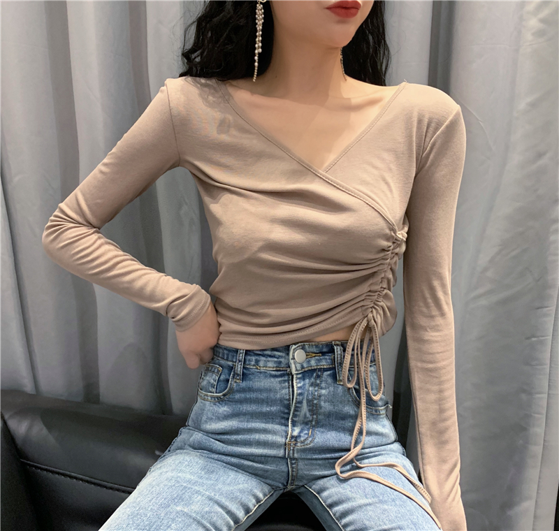 Real price ~ net red long sleeve bottomed shirt women's new V-neck tight drawstring top in spring and summer 2021