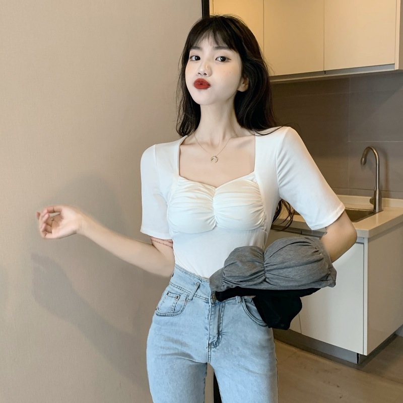 Real shooting and real price new summer care machine solid color pleated high waist slim square collar bottom shirt with chest cushion