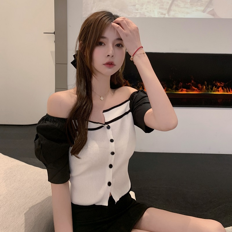 Real shooting and real price summer design feeling square collar slim short ins women's bubble sleeve fashion foreign style short sleeve top fashion