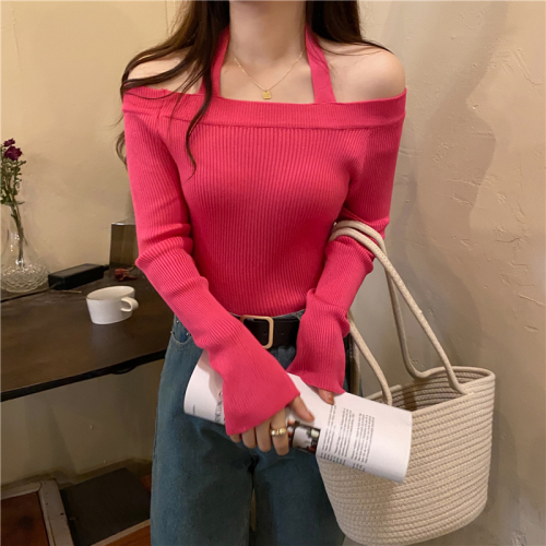 Real shooting real price Autumn Korean halter two wears small sexy design knitted sweater women's slim bottoming shirt sweater