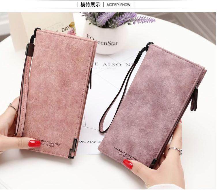 女士手机包磨砂皮手提包女长款日韩拉链搭扣简约学生钱夹耐磨百搭