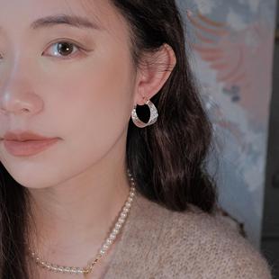 复古港风高级感时髦金银多线条半圆金属耳圈耳环耳夹 摇曳舞会