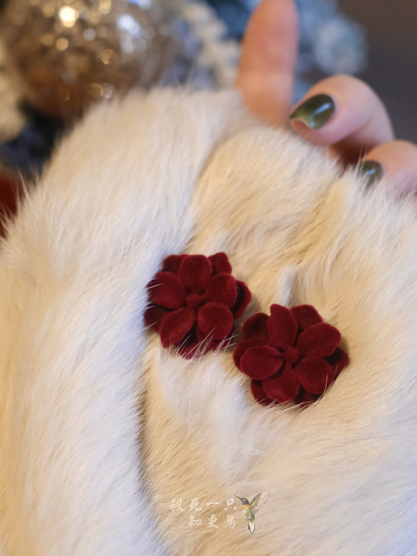 《弗洛伊德玫瑰》秋冬复古港风新年圣诞酒红花朵丝绒质感耳钉耳环