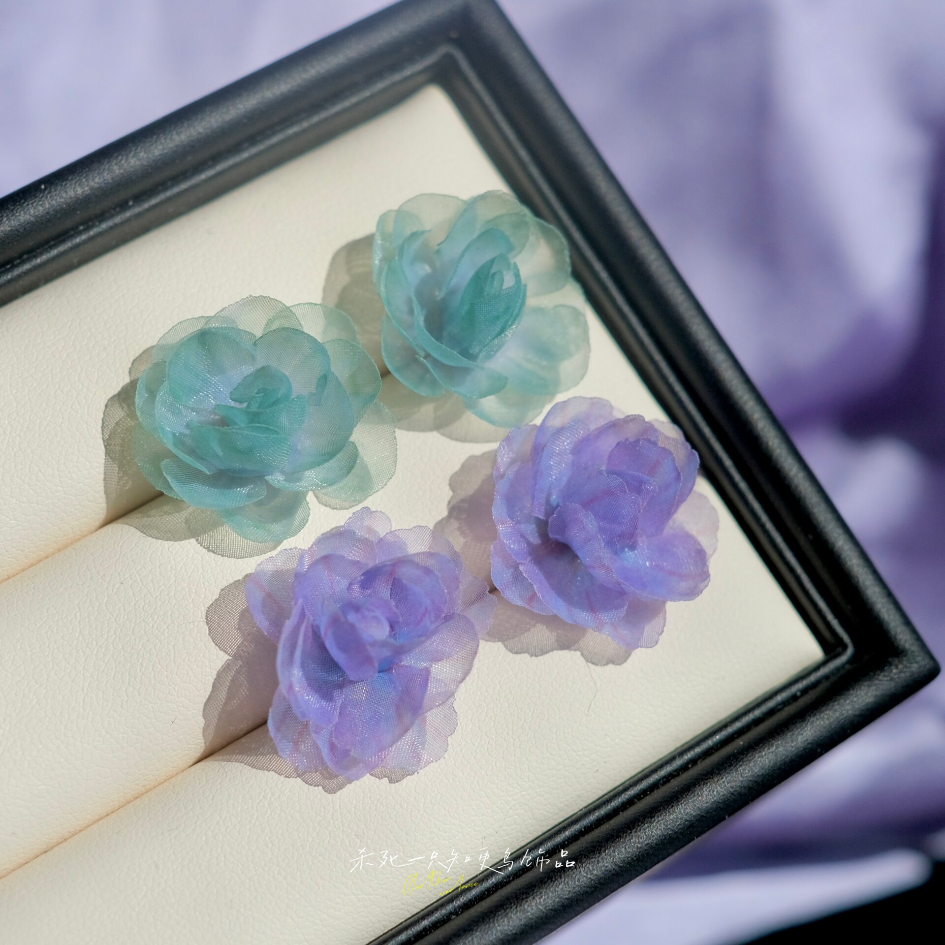 《柔雾山茶》原创春夏清冷仙气蓝紫色晕染欧根纱花朵耳钉耳环耳夹