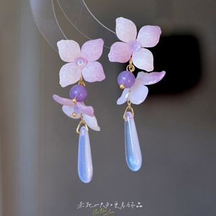 原創(chuàng)夏天紫色花朵長水滴琉璃流蘇超仙清冷感耳環(huán)耳飾 繡球露珠
