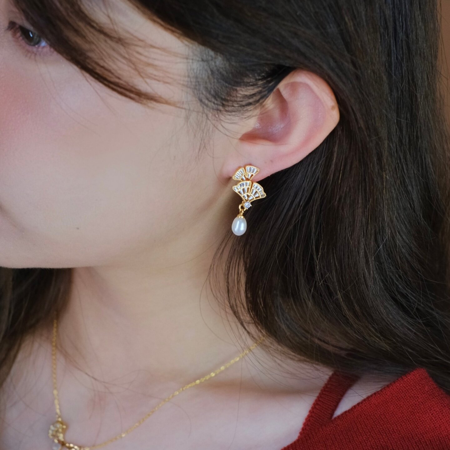 《银杏寄语》复古精致文艺锆石树叶水滴天然淡水珍珠耳钉耳环耳饰