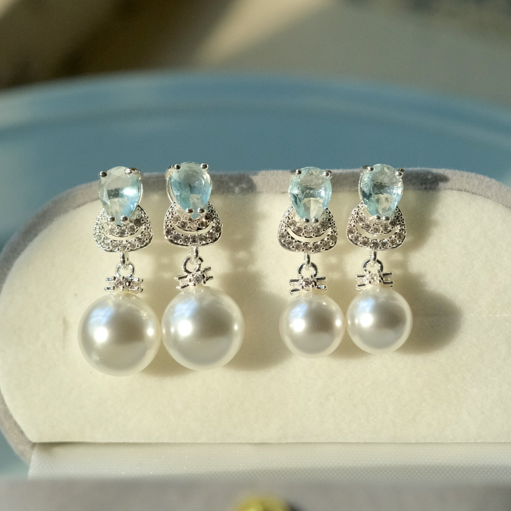 《天水一蓝》法式优雅轻奢气质施家珍珠蓝色锆石耳环耳夹耳坠耳饰