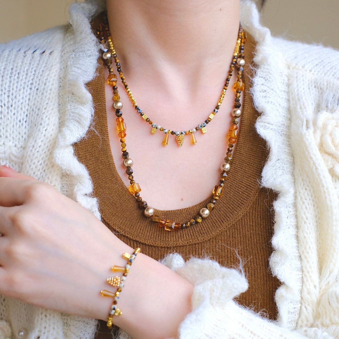 《林深不知处》原创秋冬美拉德天然虎眼石串珠流苏项链手链锁骨链