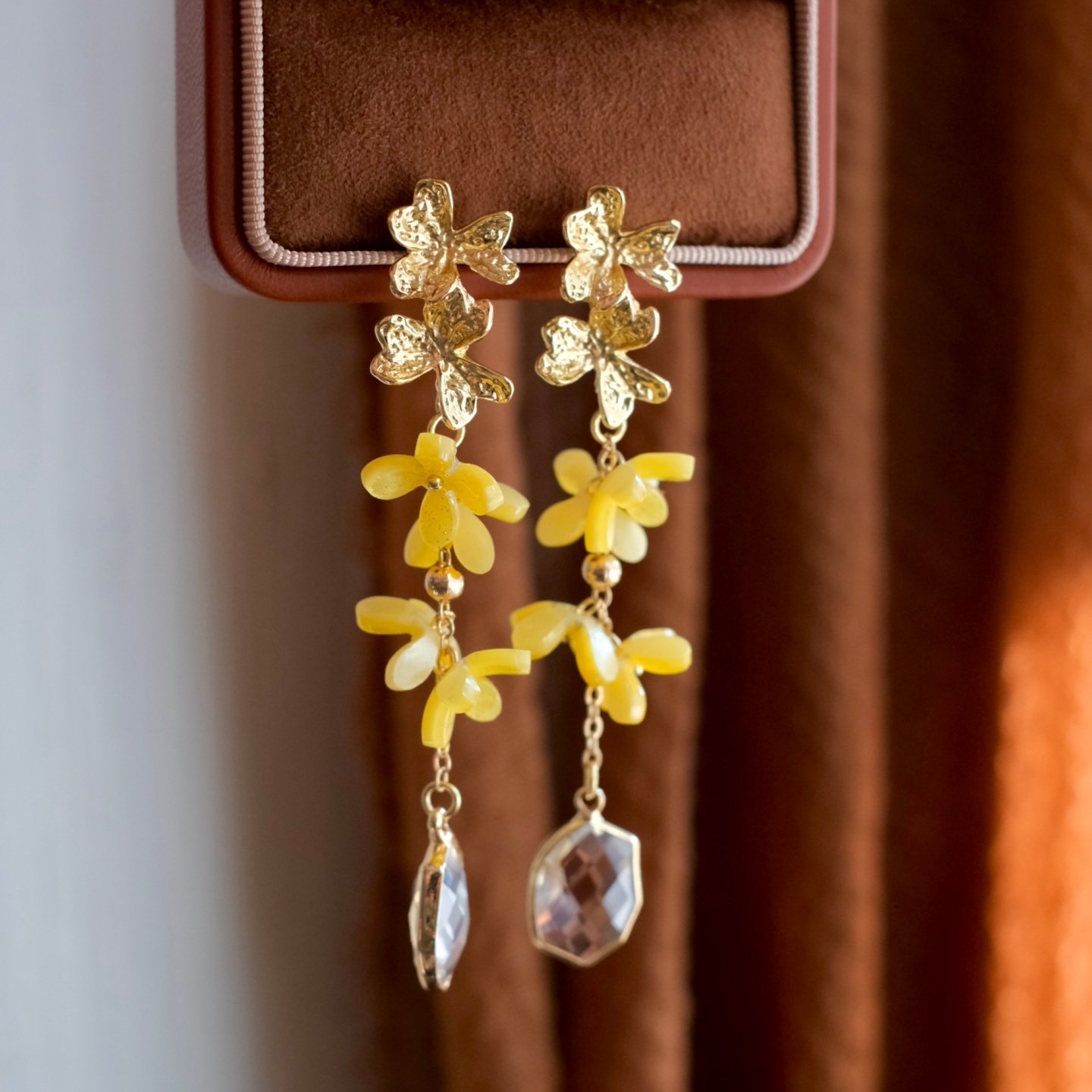 《江南金桂》原创秋冬超仙文艺森系黄色花朵流苏长款耳钉耳环耳饰