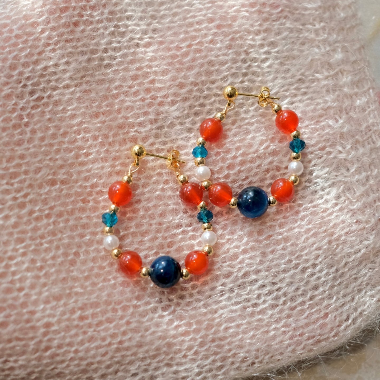 《红蓝撞色》新中式复古天然石红玛瑙串珠耳环耳圈耳夹小众耳饰女