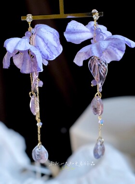 《紫云垂露》原创仙气氛围感夏天紫色花朵流苏长款耳环耳饰耳夹女
