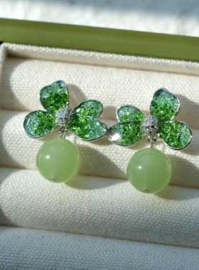 《青苔生花》春夏清新中式复古显白绿色水晶玉石花朵耳环耳夹耳坠