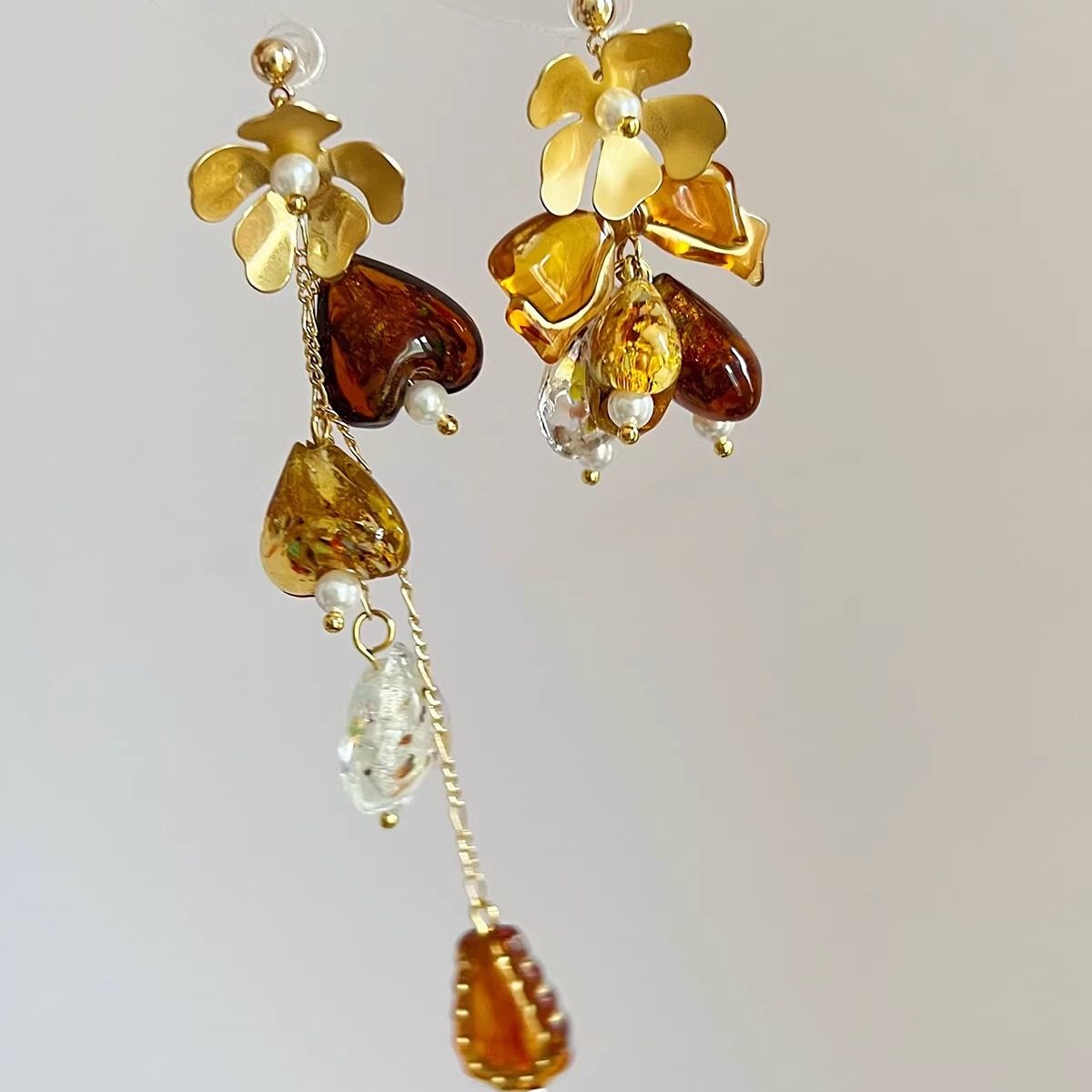 知更鸟｜落日琥珀 原创复古油画艺术琉璃小众设计新中式耳环耳夹