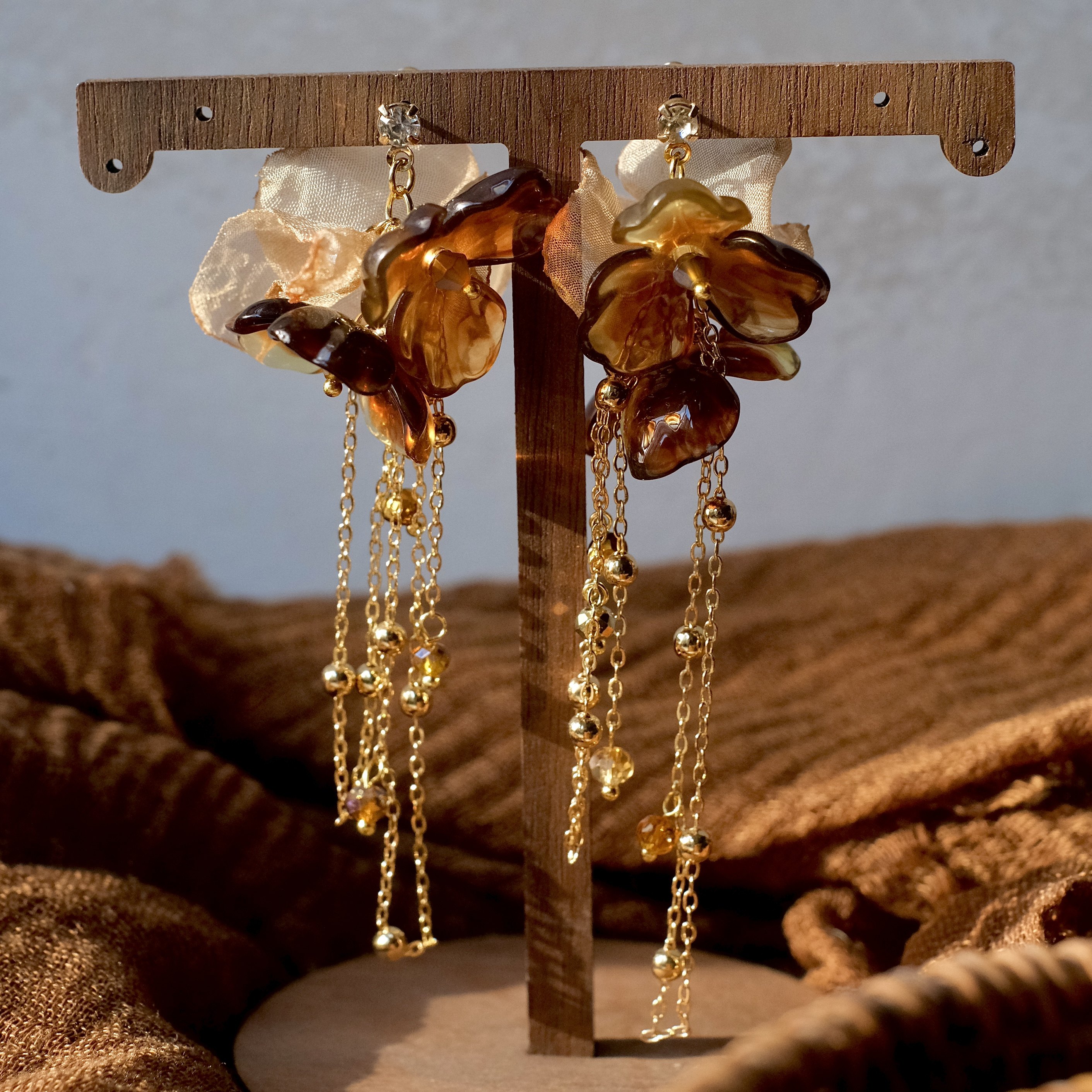 《琥珀生花》原创新中式复古清冷感咖色长款花朵流苏耳环耳夹耳饰