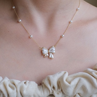 复古气质小众高级感白色蝴蝶结珍珠项链锁骨链女 法式 纯白礼赞