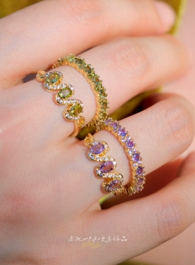 《浪漫复兴》复古精致高级感橄榄绿紫色叠戴开口戒指满钻闪耀轻奢