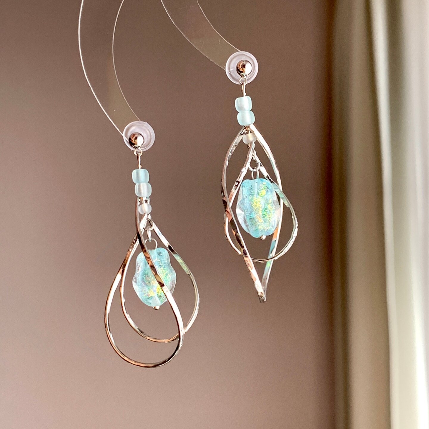 《碧波》原创小众春夏清新蓝色琉璃珠圆圈长款耳夹耳饰耳钉耳环女