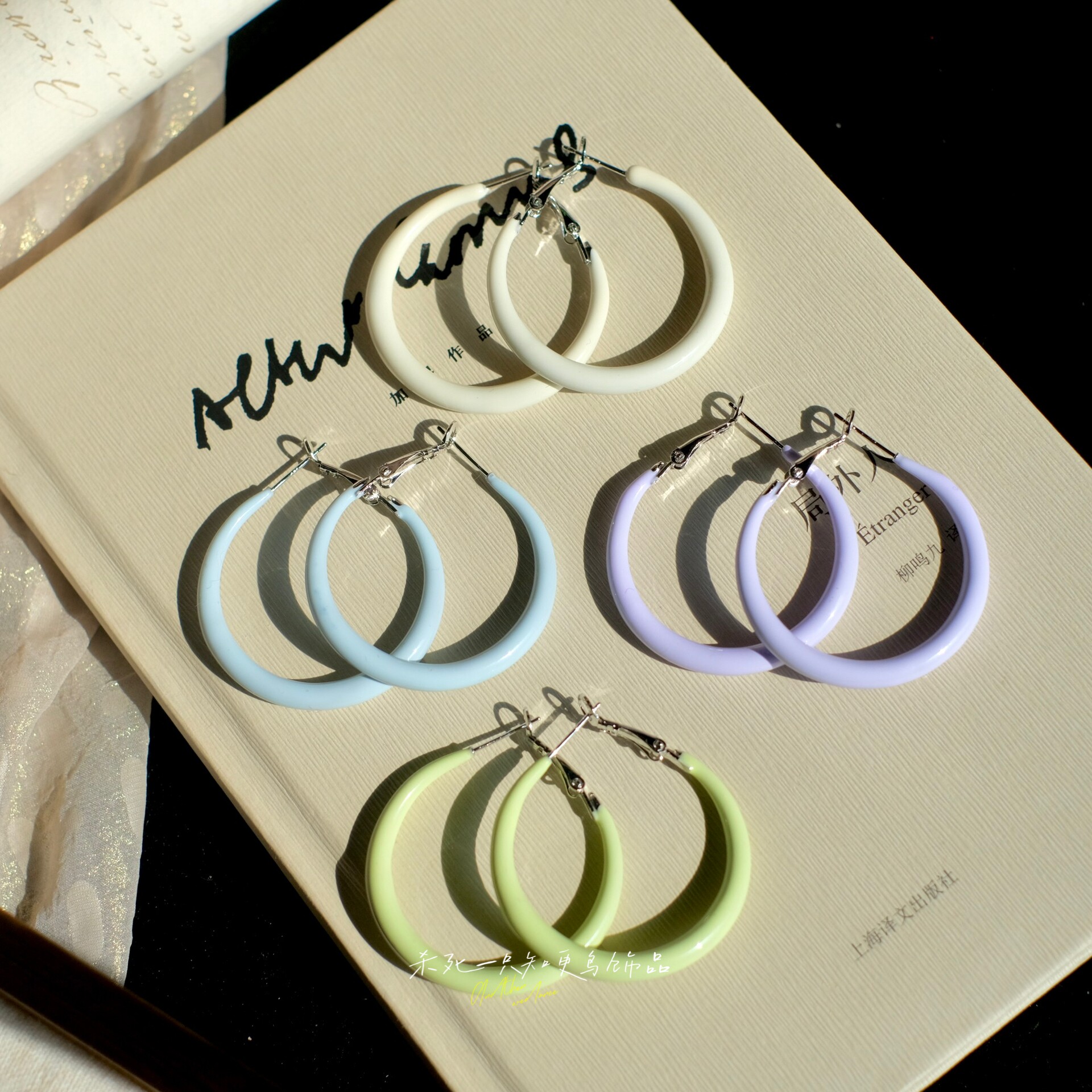 四色！春夏彩色少女莫兰迪奶油色珐琅滴釉大耳圈素圈百搭耳环耳饰