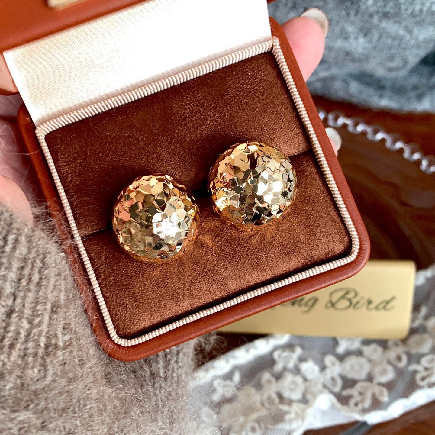 《落日碎金》复古时髦法式金色碎冰冰圆形高级感耳夹耳饰耳钉耳环