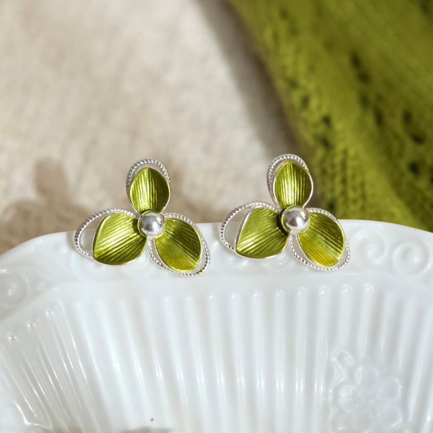 《丛林花道》春夏超仙清新森系绿色花朵甜美度假耳夹耳饰耳钉耳环