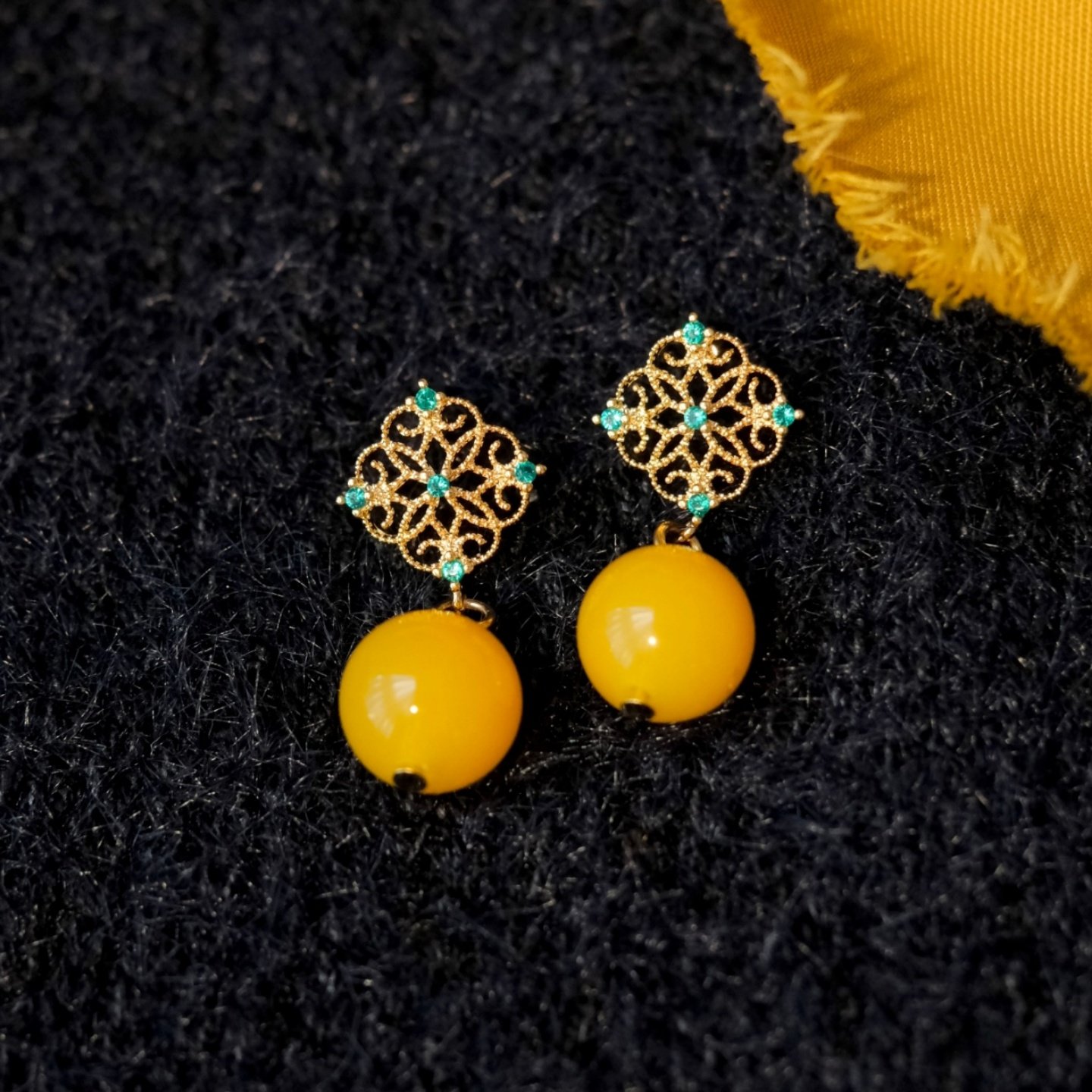 《金秋蜜果》复古新中式国风祖母绿锆石蕾丝黄玛瑙耳钉耳环耳夹女