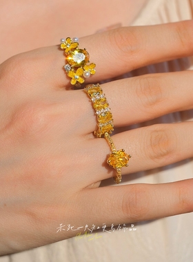 《十里金桂》复古精致轻奢高级感微镶黄钻锆石戒指开口可调节叠戴