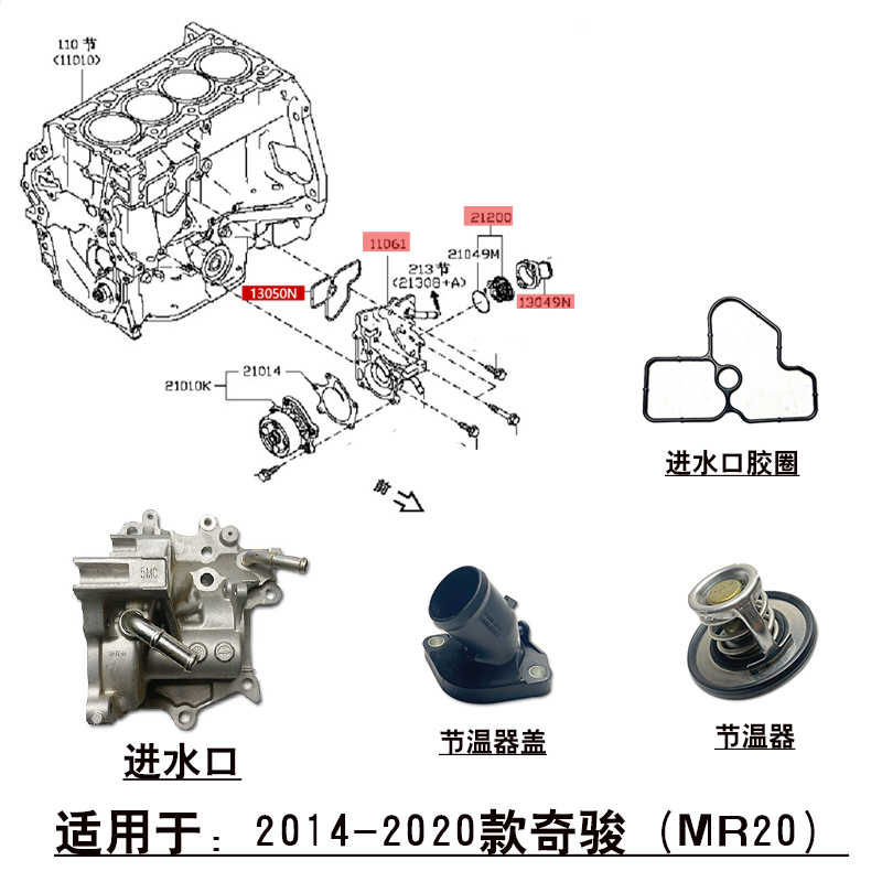 适用于T70T90奇骏逍客MR20发动机水泵底座进水口密封胶圈节温器盖