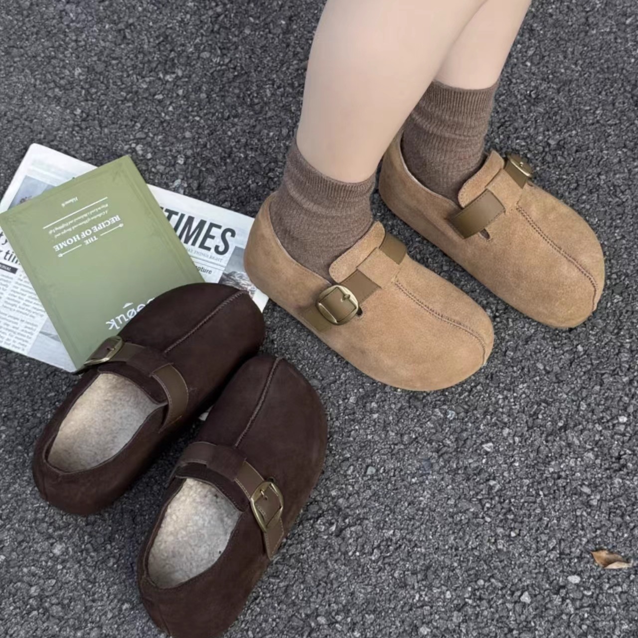 艾模儿女鞋厚底卡皮巴拉羊羔毛勃肯女鞋女一脚蹬加绒勃肯鞋女鞋