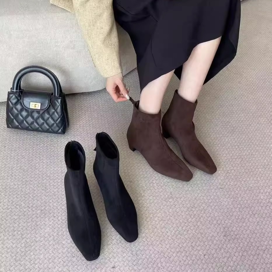 悦女鞋尖头短靴女坡跟真皮时装靴磨砂短筒靴裸靴单靴低跟小靴子