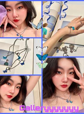 蝴蝶欧美蓝色钛钢项链ins同款