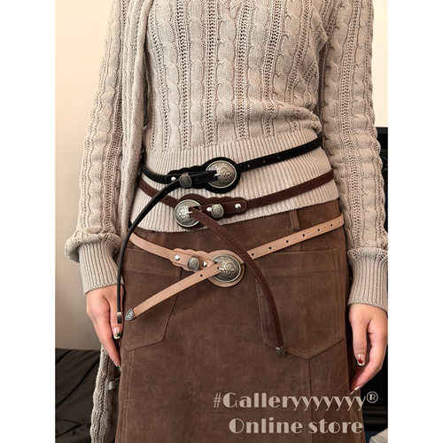 Gallery复古圆环雕花扣麂皮腰带