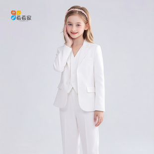 白色儿童西装女童翻领极简高级感小西装洁白套装演出服主持人礼服