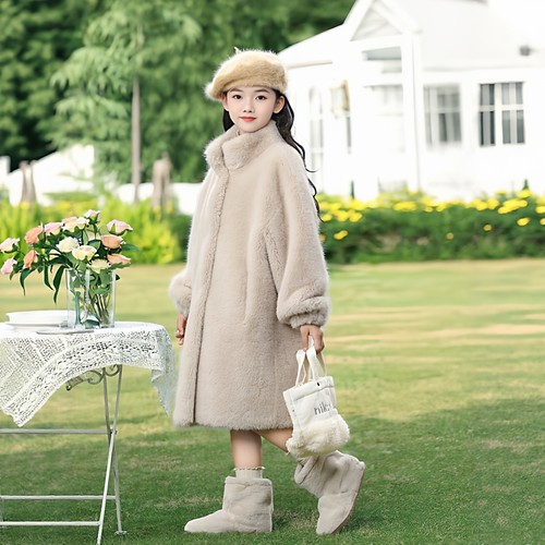 女童中长款仿皮草大衣加厚保暖