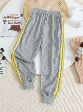 小学生春秋灰色黄条棉质加绒男女校服裤黄双杠收脚儿童运动裤冬季