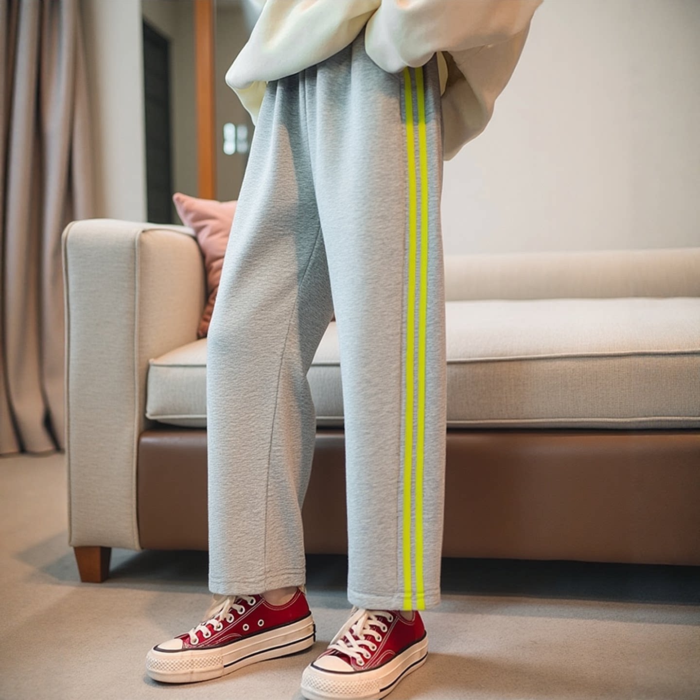 小学生校服裤子灰色绿条两道杠秋冬加绒纯棉双绿条休闲运动校裤