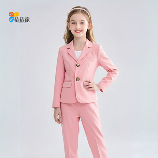 小学生粉色小西装套装女童生日礼服主持人藏青钢琴演出小香风正装
