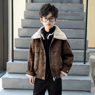 男童皮毛一体夹克冬装加绒保暖翻领宝宝皮衣毛呢外套洋气痞帅棉衣