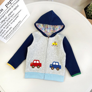 现货2024男童拉链外套小汽车图案拉绒连帽开衫中小儿童春秋装上衣