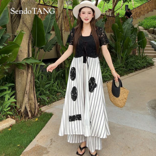 新款 时尚 开衫 现货夏日穿搭 套装 胖多女装 裙百搭条纹休闲裤 礼赞