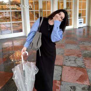 显瘦天赋 假两件条纹拼袖 宽松休闲裙 新款 黑色连衣裙胖多女装