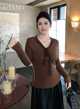 琥珀流光V领上衣【芙洛拉】长袖飘带胖多大码高级感气质时髦遮肉