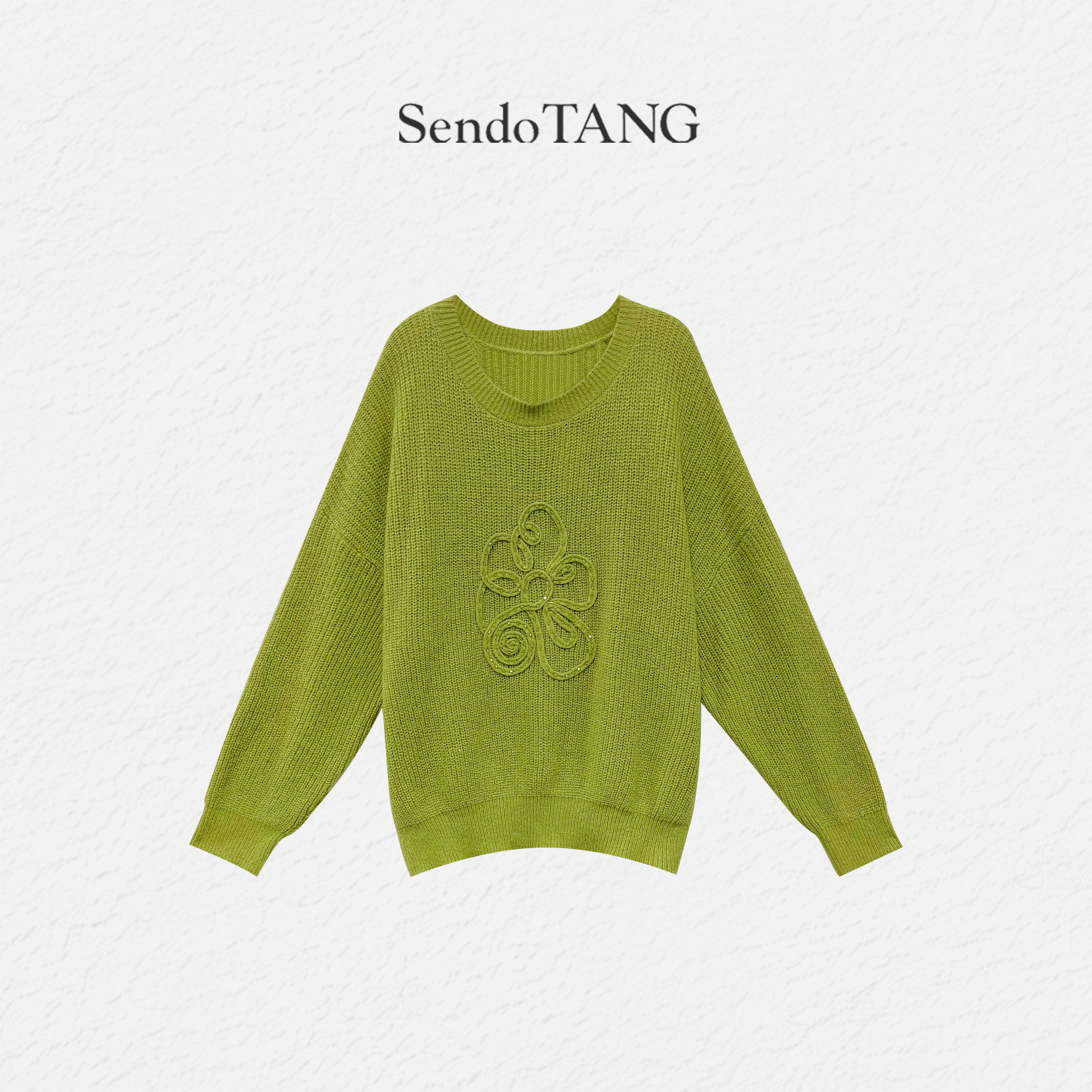 慵懒风绿色圆领花朵长袖毛衣【绿蔓】胖多女装新款宽松洋气上衣