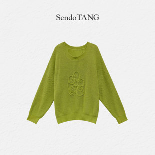 新款 慵懒风绿色圆领花朵长袖 胖多女装 绿蔓 宽松洋气上衣 毛衣